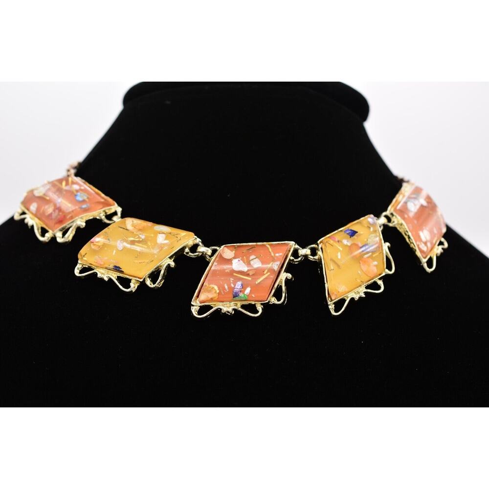 Pam Vintage Choker Necklace Gold Orange Yellow Confetti Holographic Signed BinT